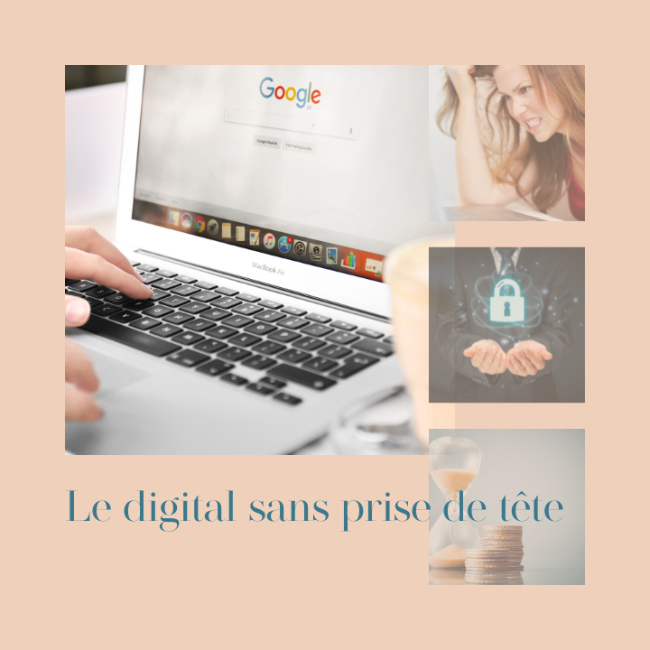 Passez au digital sans énervement et en toute sécurité, sans prise de tête Un ordinateur portable sur une table avec des symboles de sécurité et de temps.